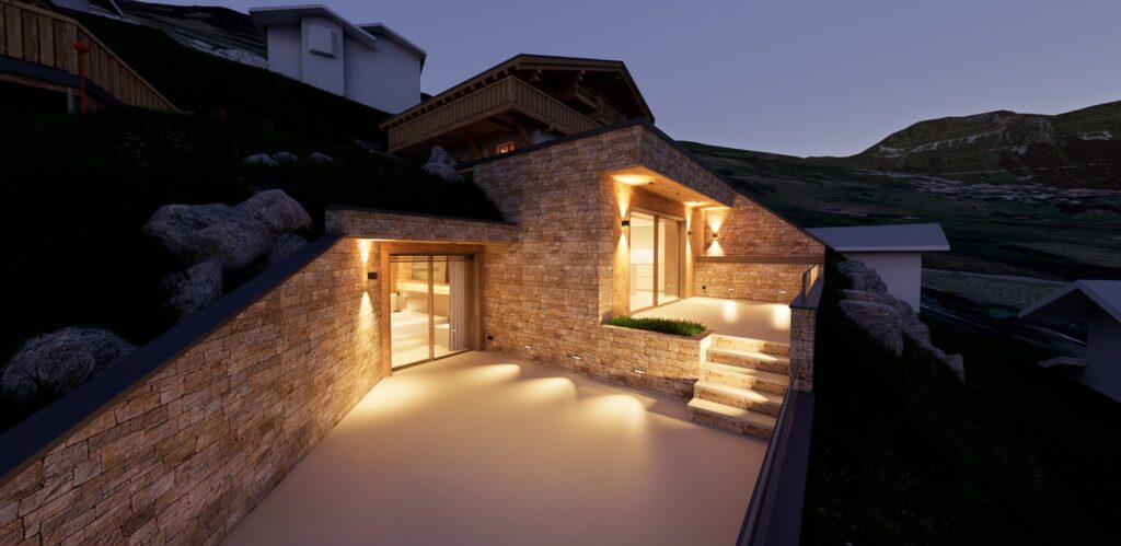 Project 2313, Verbier — lit terrace of the basement extension