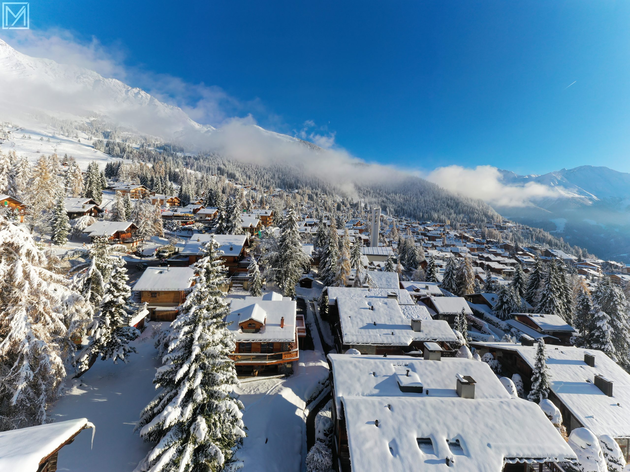 Snow-covered chalets in Verbier