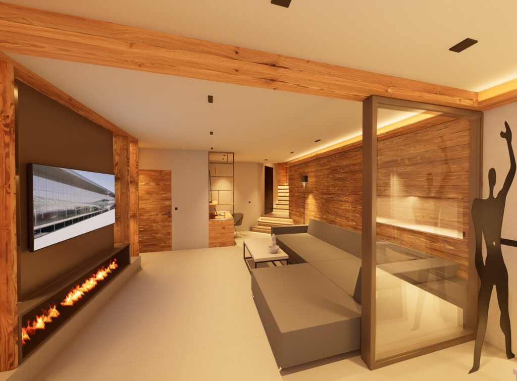 Project 2313, Verbier — living room with fireplace and glazed wall