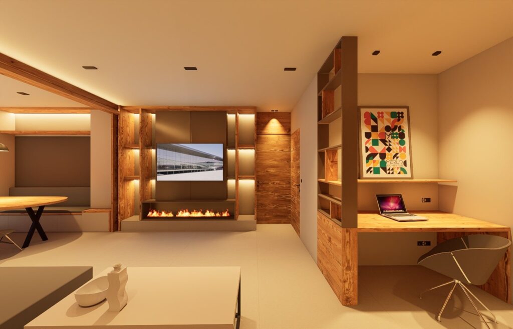 Project 2313, Verbier — living room, fireplace and study