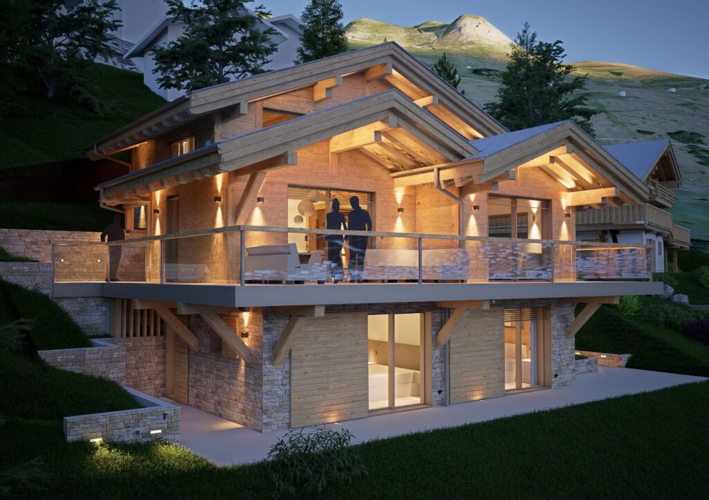 Projet 2315, Verbier — chalet au crépuscule, terrasse éclairée