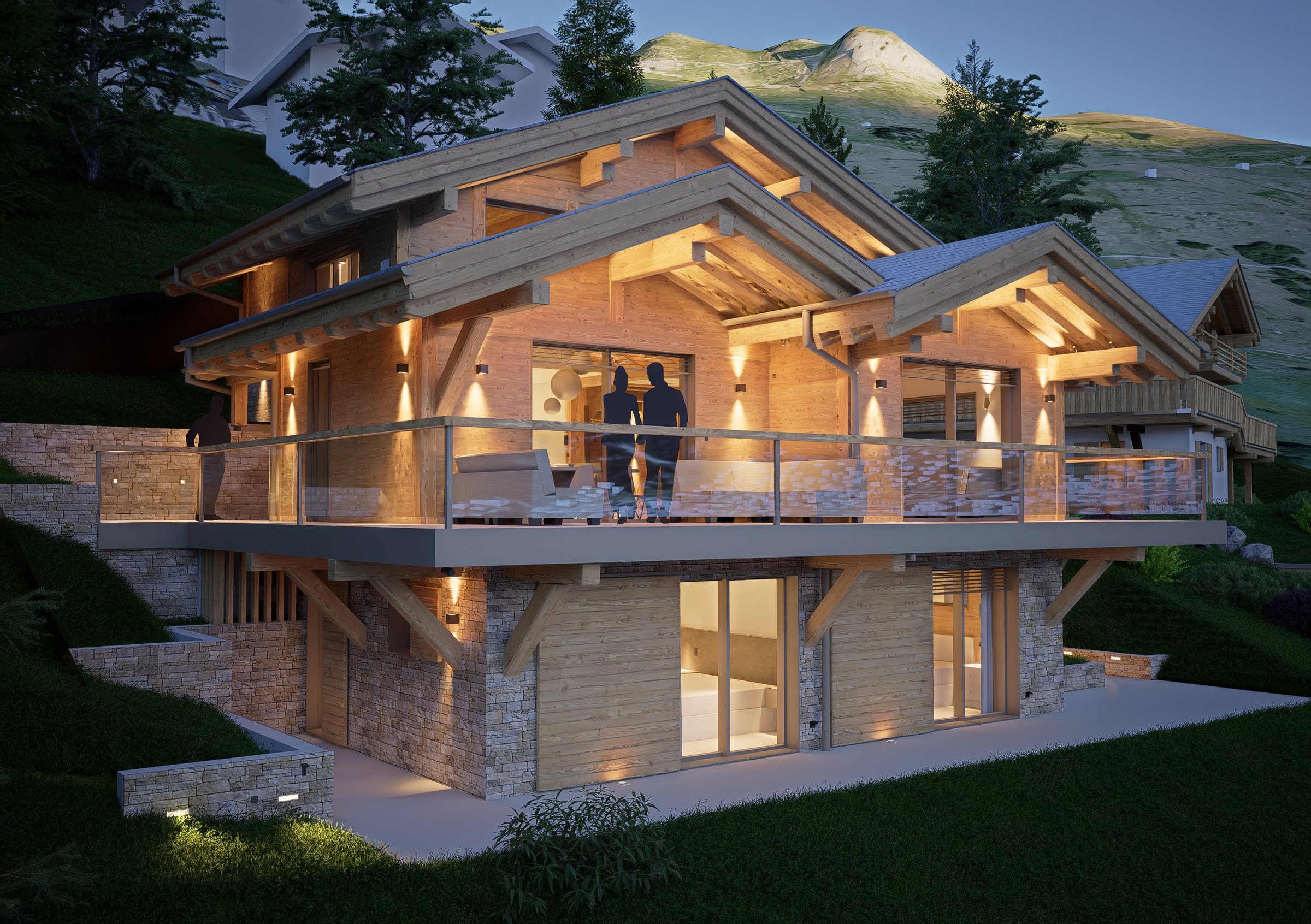Projet 2315, Verbier — chalet au crépuscule, terrasse éclairée