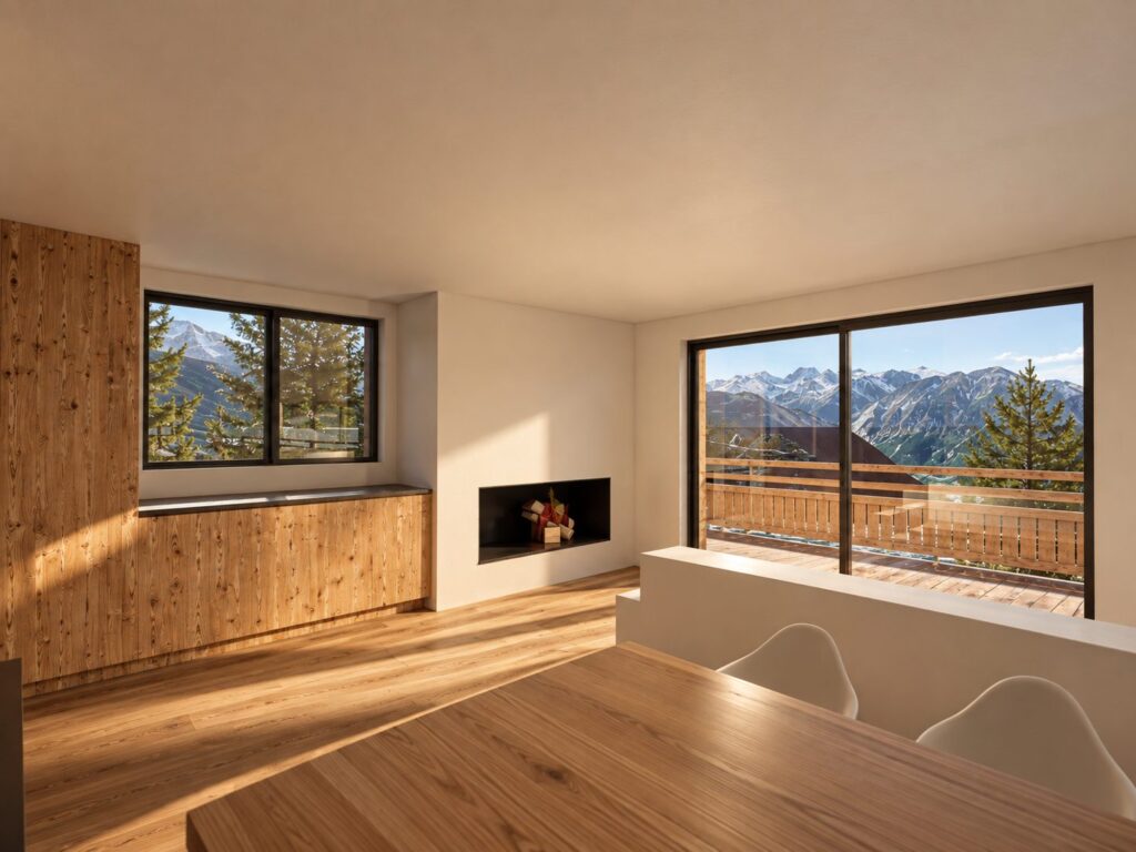 Projet 2412, Verbier — séjour en bois et cheminée, vue sur les montagnes