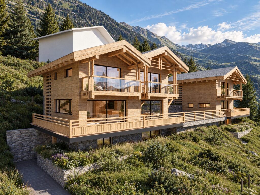 Projet 2412, Verbier — les deux chalets dans la pente, face aux montagnes