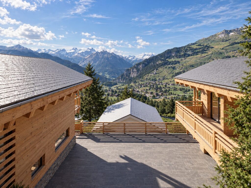 Projet 2412, Verbier — terrasse entre les deux chalets, vue sur la vallée