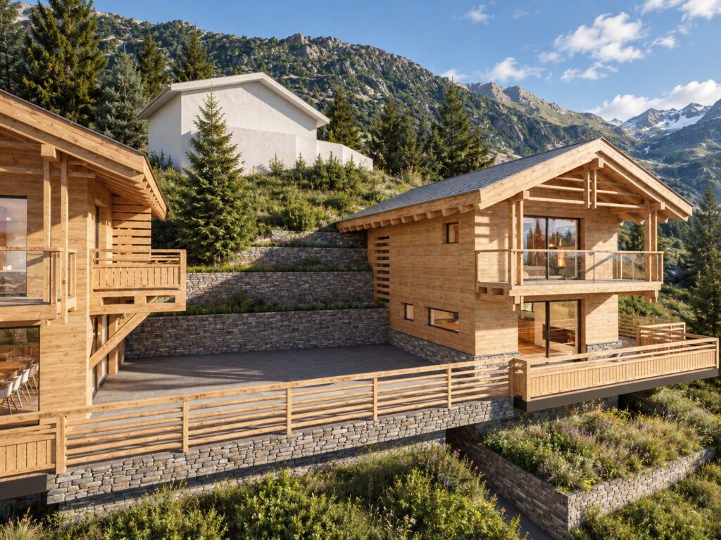 Projet 2412, Verbier — chalet et terrasse sur murs en pierre sèche