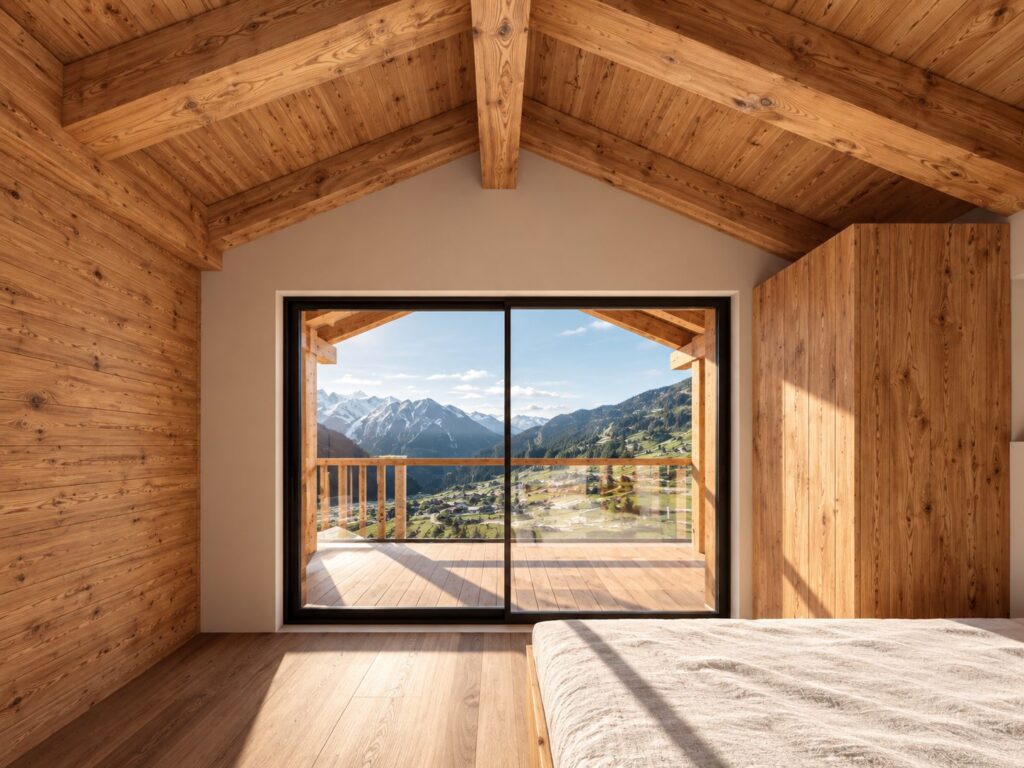 Projet 2412, Verbier — chambre sous charpente avec balcon