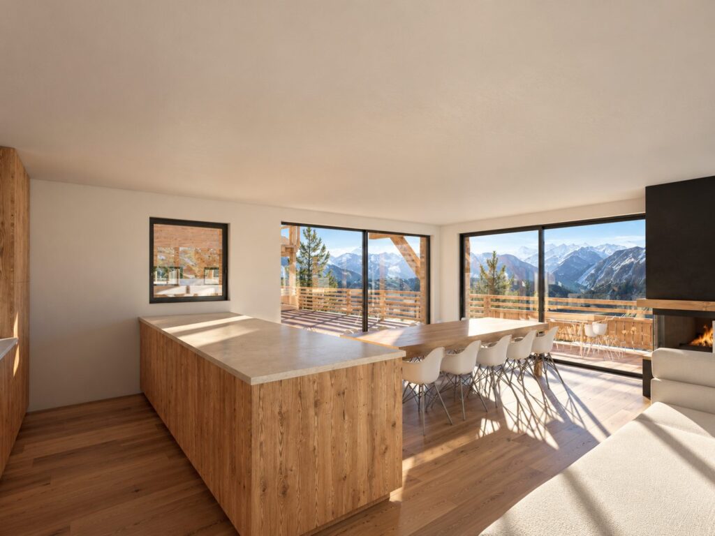 Projet 2412, Verbier — cuisine et coin à manger ouverts sur la terrasse