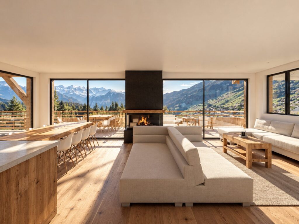 Projet 2412, Verbier — séjour avec cheminée et baies vitrées sur les Alpes