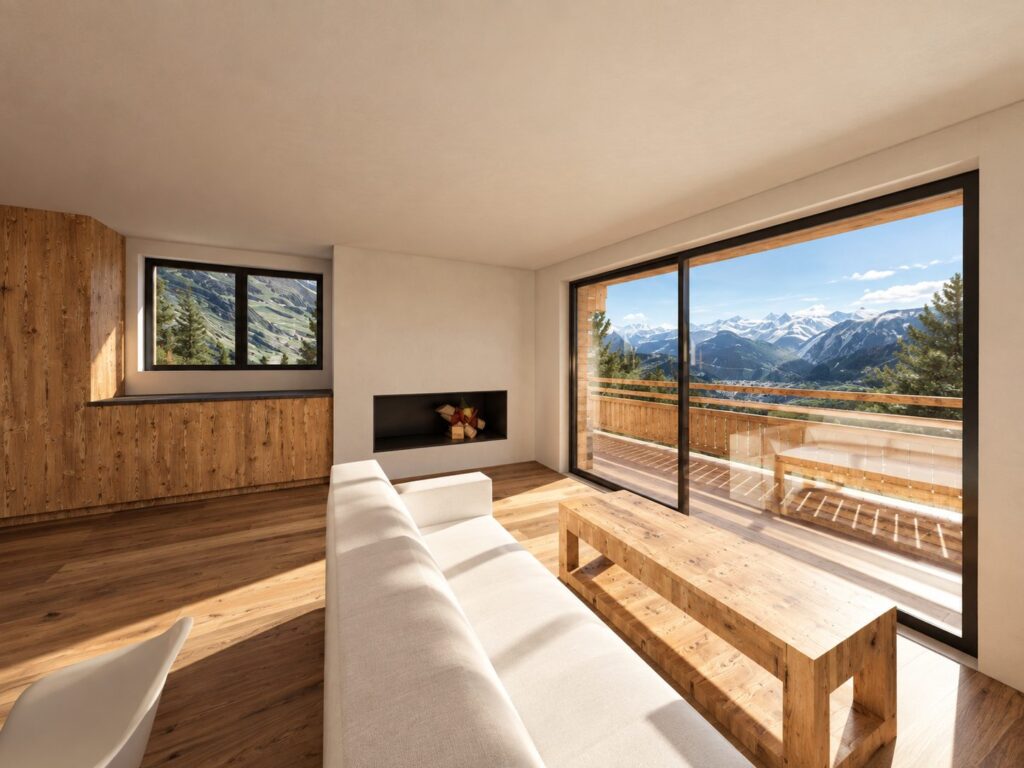Projet 2412, Verbier — salon avec cheminée et accès au balcon