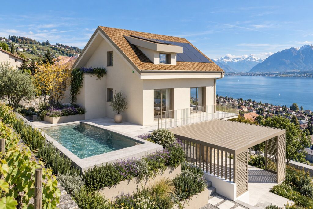 Projet 2601, Bourg-en-Lavaux — piscine et façade, vue sur le lac Léman