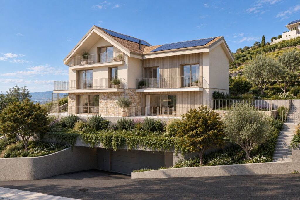Projet 2601, Bourg-en-Lavaux — façade avec balcons et accès au garage