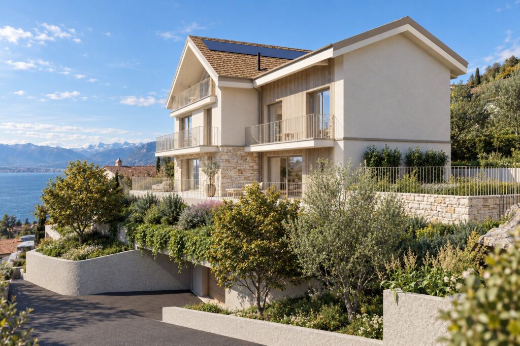 Projet 2601, Bourg-en-Lavaux — vue depuis l’accès, jardin en terrasses